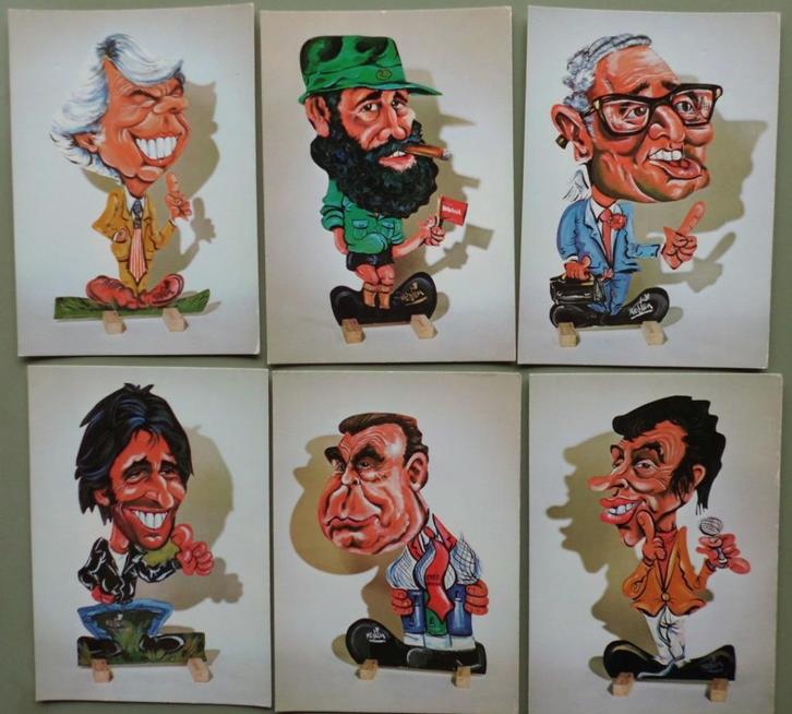 6 karikaturen - carter, castro, kissinger, fonzie, brel, Verzamelen, Ansichtkaarten | Themakaarten, Ongelopen, 1960 tot 1980, Overige thema's