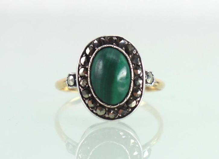 Antieke Franse ring malachiet met markasiet, Sieraden, Tassen en Uiterlijk, Antieke sieraden, Ring, Zilver, Met edelsteen, Ophalen of Verzenden
