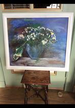 Groot schilderij (58 x 68) in groen / blauw tinten, bloemen., Ophalen of Verzenden