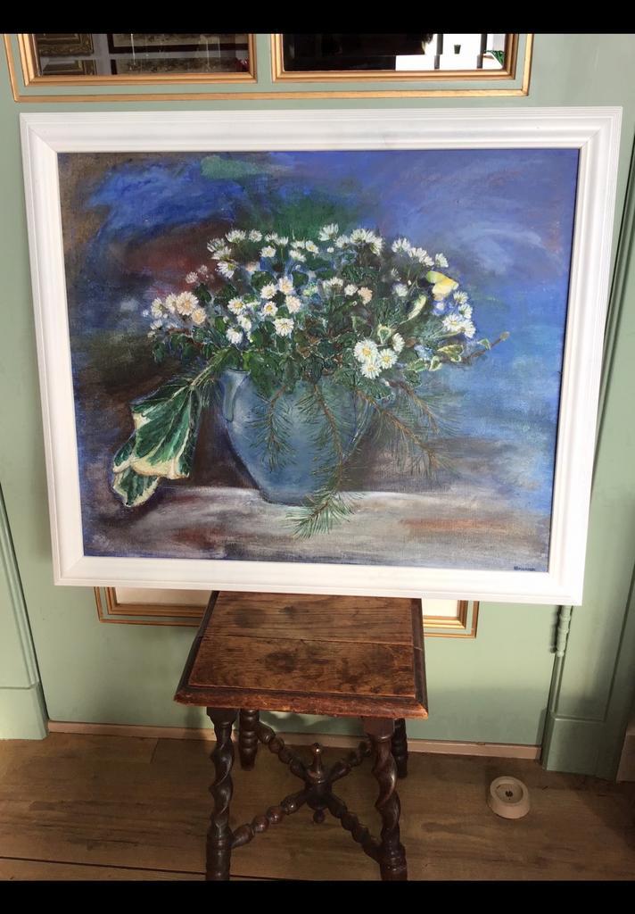 Groot schilderij (58 x 68) in groen / blauw tinten, bloemen., Antiek en Kunst, Kunst | Schilderijen | Klassiek, Ophalen of Verzenden