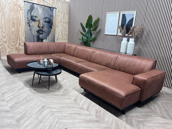 ZGAN De Bommel Lederen U-Bank /Hoekbank - Cognac - 394cm, Huis en Inrichting, Banken | Bankstellen, Zo goed als nieuw, Hoekbank