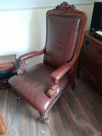 Antieke Bruin Lederen Fauteuil - Gerestaureerd op wieltjes, Huis en Inrichting, Fauteuils, Ophalen