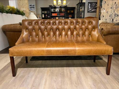 NIEUW: Chesterfield eetkamer bank Harris Tweed Cognac leer, Huis en Inrichting, Banken | Bankstellen, Nieuw, Rechte bank, Leer