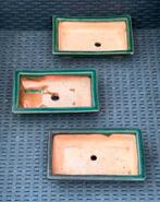 Bonsai schalen set (3) groen geglazuurd 18,7x11,3x4,3, Ophalen of Verzenden, Zo goed als nieuw, Aardewerk, Rechthoekig