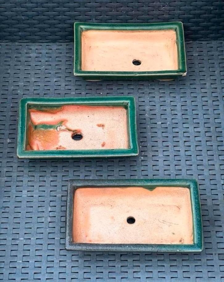 Bonsai schalen set (3) groen geglazuurd 18,7x11,3x4,3, Tuin en Terras, Bloempotten, Zo goed als nieuw, Aardewerk, Minder dan 40 cm