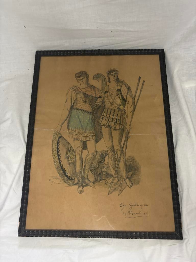 Oude tekening van Griekse krijgers, 1914, Antiek en Kunst, Ophalen of Verzenden