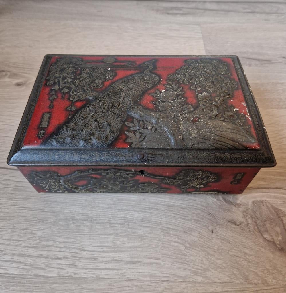 Antiek blik met Pauw decoratie jaren '40/'50, Ophalen of Verzenden