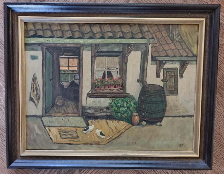 Ingelijst olieverfschilderij, oud boerderijtje, naïve stijl, Antiek en Kunst, Kunst | Schilderijen | Klassiek, Ophalen of Verzenden