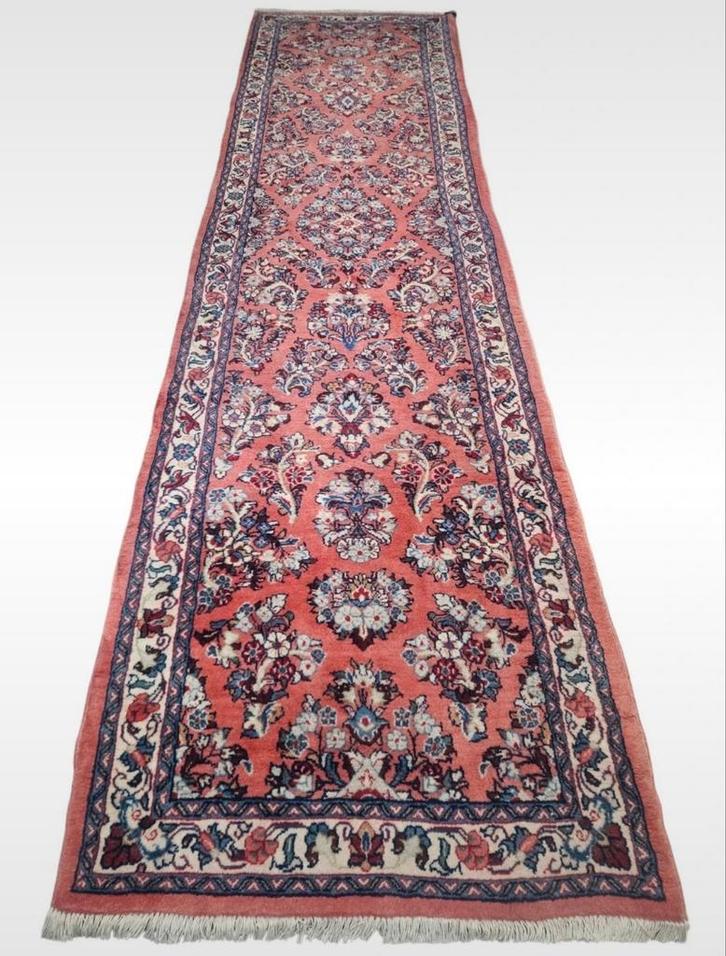 Handmade Persian wol Sarough tapijt loper pink floral 87x322, Huis en Inrichting, Stoffering | Tapijten en Kleden, Gebruikt, 50 tot 100 cm