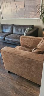 Bruine bank, grijze loveseat en camel fauteuil, Huis en Inrichting, Ophalen, Gebruikt