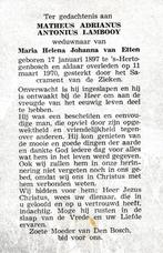 Lambooy Matheus 1897 Den Bosch 1970 Den Bosch, Ophalen of Verzenden, Bidprentje
