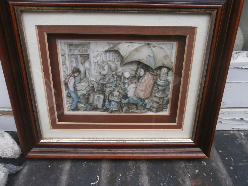 Anton Pieck, Leuke 3dimensionale e prent Rommelmarkt, Ophalen of Verzenden, Voor 1940, Gebruikt, Overige onderwerpen