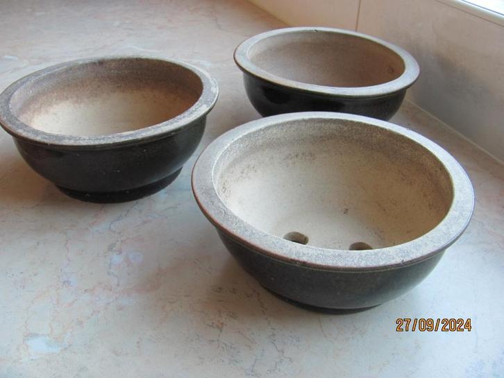 3 x donker groene RONDE schaal BONSAI rond bak keramiek IZGS, Tuin en Terras, Bloempotten, Gebruikt, Aardewerk, Binnen, Balkon