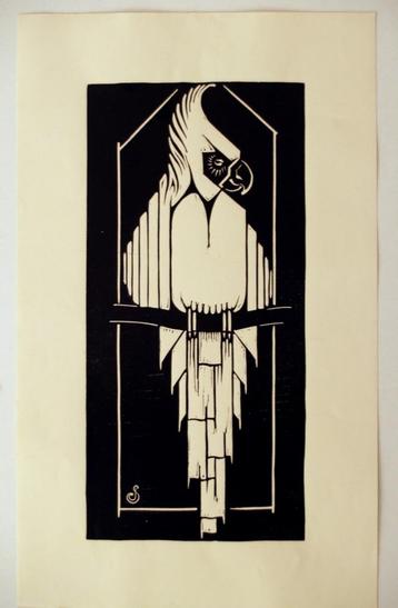 Jan Schonk Art Deco lino / houtsnede van een kaketoe beschikbaar voor biedingen
