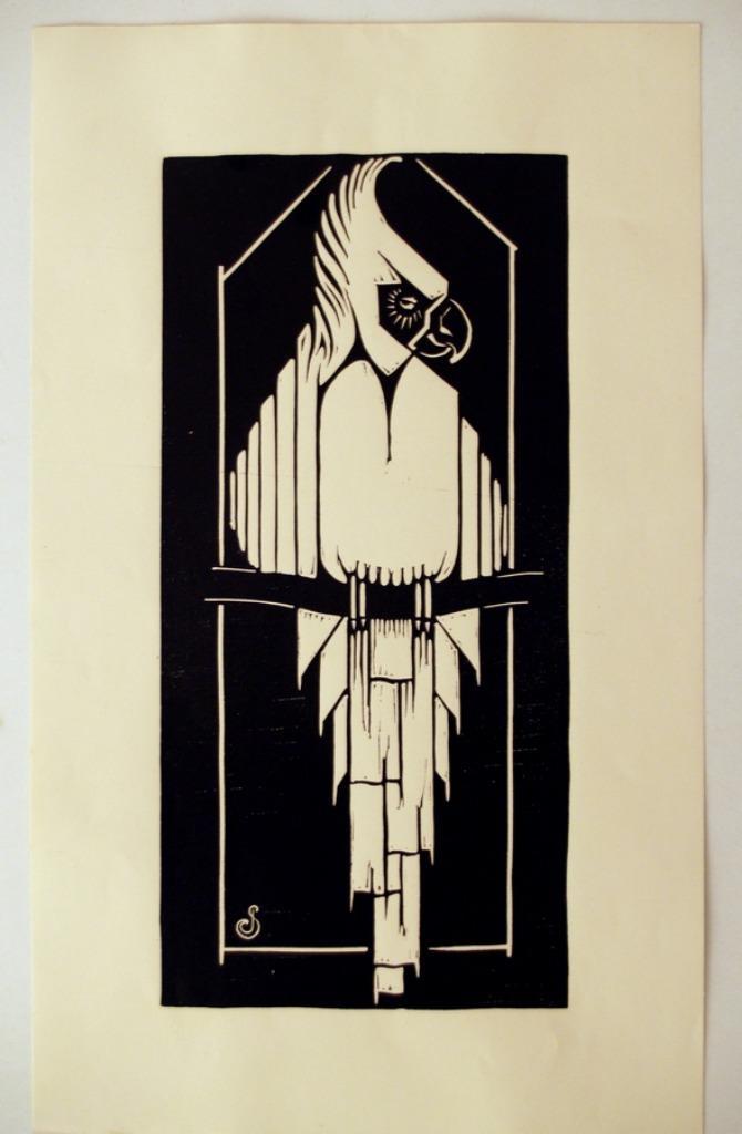 Jan Schonk Art Deco lino / houtsnede van een kaketoe, Antiek en Kunst, Kunst | Litho's en Zeefdrukken, Ophalen of Verzenden