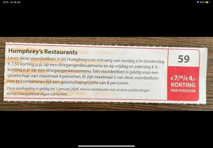 Voordeelbon Humphrey’s Restaurants 2025 (KWF), Tickets en Kaartjes, Kortingen en Cadeaubonnen, Drie personen of meer, Kortingsbon