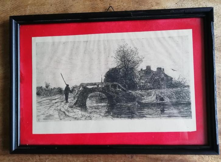 Boer bij brug. Gemonogrammeerd. Ca 1900. 34/24 cm., Antiek en Kunst, Kunst | Litho's en Zeefdrukken, Ophalen
