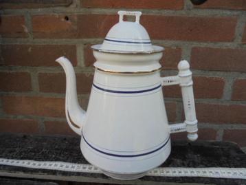wit emaille koffiekan met blauw & goudbies, H25cm beschikbaar voor biedingen