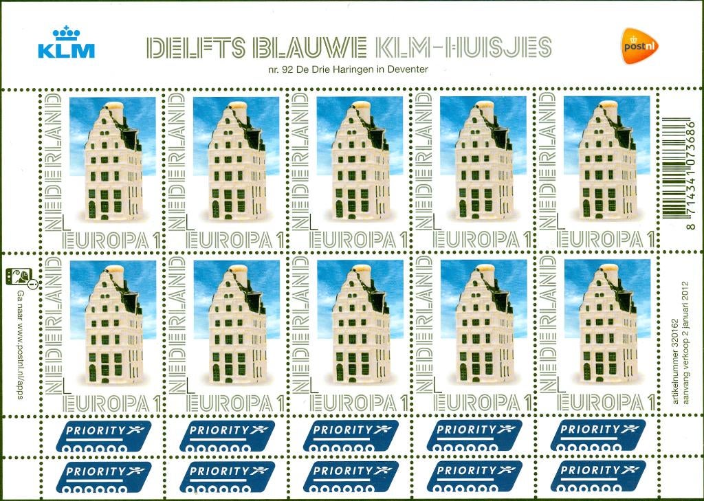 Ned. NVPH V2898 Pers. zegels Delftsblauwe KLM-huisjes 2012, Postzegels en Munten, Postzegels | Nederland, Ophalen of Verzenden
