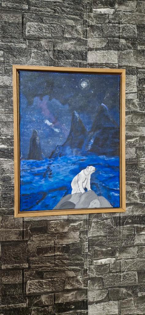 Schilderij van een ijsbeer in een nachtelijk landschap, Antiek en Kunst, Kunst | Schilderijen | Klassiek, Ophalen of Verzenden