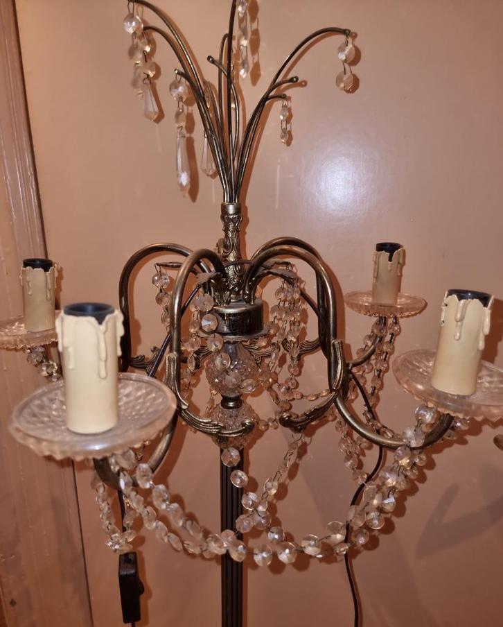 Antieke Brocante Staande Kroonluchter Koper Glazen Pegels, Huis en Inrichting, Lampen | Vloerlampen, Gebruikt, 100 tot 150 cm