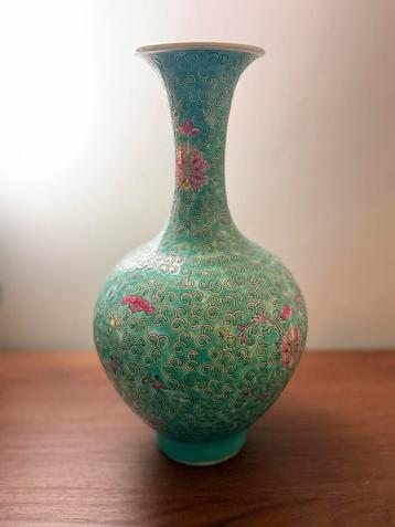 Turquoise Vaas met Bloemenpatroon - 36cm beschikbaar voor biedingen