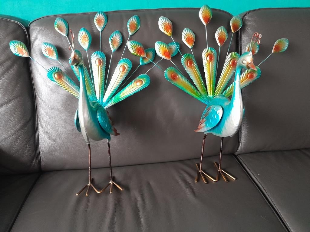 Prachtige, kleurrijke metalen pauwen twee stuks woonkamer, Huis en Inrichting, Ophalen of Verzenden, Zo goed als nieuw