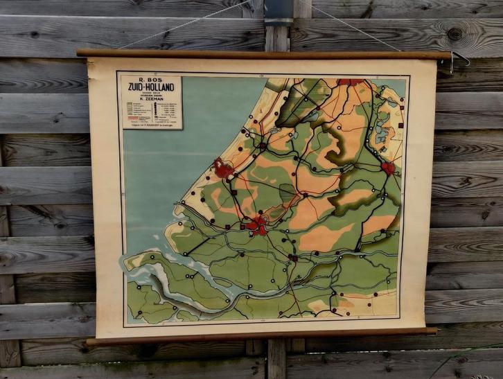 Oude kaart Zuid-Holland op rol, 3e druk, Antiek en Kunst, Antiek | Schoolplaten, Ophalen of Verzenden