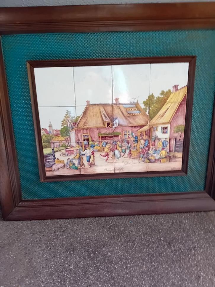 Groot Tegel Plateau Lijst 12 tegels gekleurd Boerenbruiloft, Antiek en Kunst, Antiek | Wandborden en Tegels, Ophalen