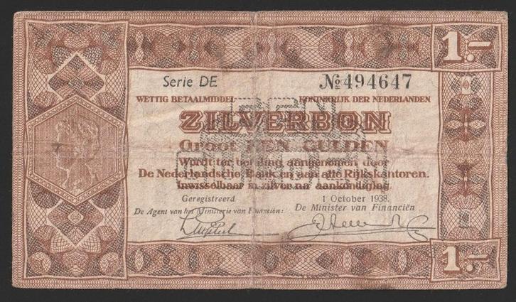 1 gld zilverbon 1938 DE 494647 omloop exemplaar, Postzegels en Munten, Bankbiljetten | Nederland, 1 gulden, Ophalen of Verzenden