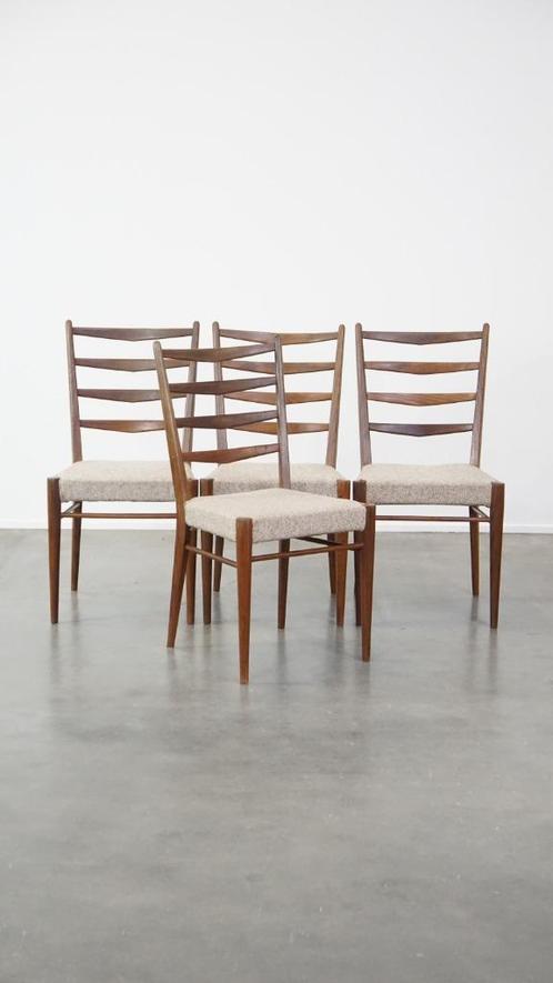 Set Van 4 vintage teakhouten eetkamerstoelen, Huis en Inrichting, Stoelen, Gebruikt, Vier, Hout, Stof, Bruin, Ophalen
