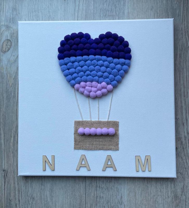 Canvas pompom luchtballon hart paarse kleurtjes 30x30 cm, Kinderen en Baby's, Kinderkamer | Inrichting en Decoratie, Nieuw, Wanddecoratie
