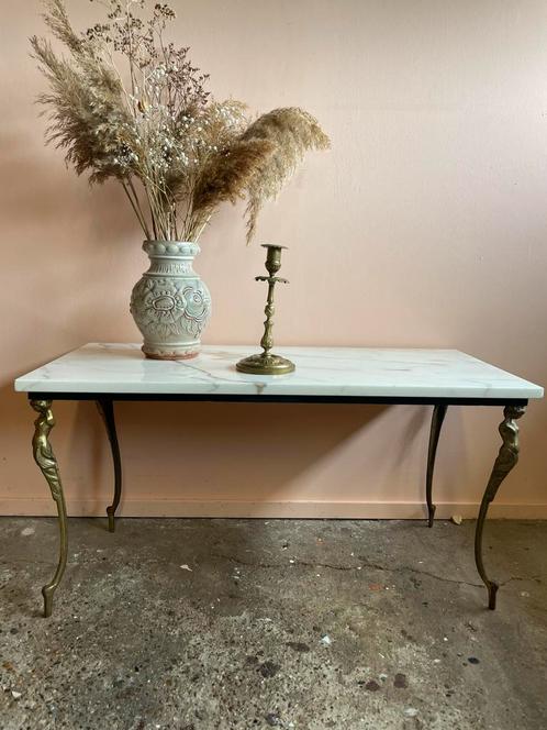Prachtige vintage salontafel met licht marmeren blad, Huis en Inrichting, Tafels | Salontafels, Gebruikt, Minder dan 50 cm, Minder dan 50 cm