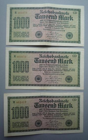 3x Reichsbanknote 1000 Mark 1922 Duitsland beschikbaar voor biedingen