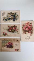 4 antieke Franse kaarten, met mand bloemen.Ook per stuk., Verzenden