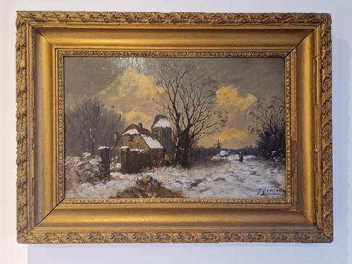 Prachtig schilderij "Winters landschap met boerderijen en mo, Antiek en Kunst, Kunst | Schilderijen | Klassiek, Ophalen of Verzenden