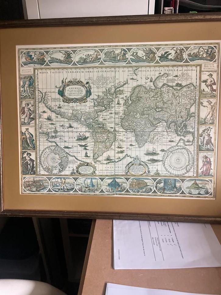 Oude Wereldkaart in Lijst, Antiek en Kunst, Kunst | Tekeningen en Foto's, Ophalen of Verzenden