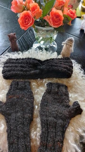 set Alpaca polswarmers / hoofdband donkergrijs  handgemaakt beschikbaar voor biedingen