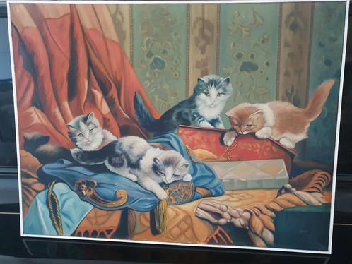 Prachtig schilderij spelende kittens, katten gesign en groot, Antiek en Kunst, Kunst | Schilderijen | Klassiek, Ophalen