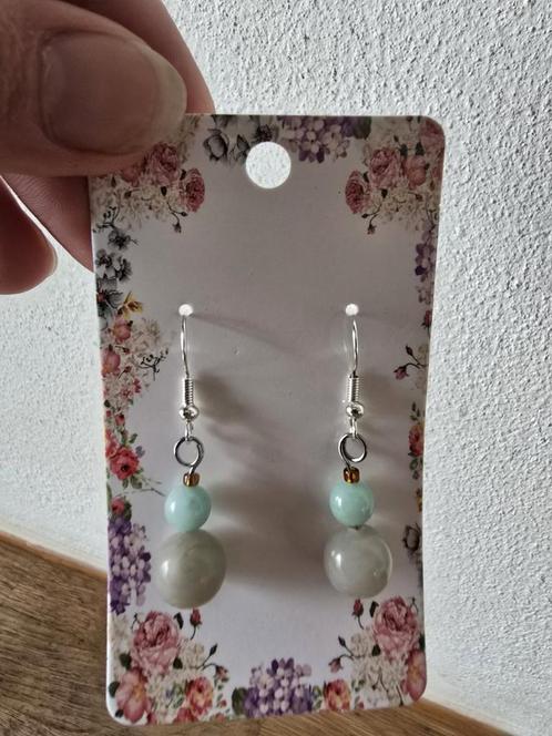 Amazoniet en burmese jade oorbellen handgemaakt, Sieraden, Tassen en Uiterlijk, Oorbellen, Nieuw, Overige materialen, Ophalen of Verzenden