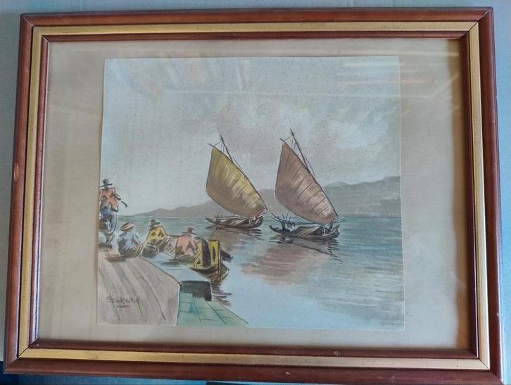 Vissersboten in Indië, aquarel 1 e helft 20e eeuw., Antiek en Kunst, Kunst | Schilderijen | Klassiek, Ophalen of Verzenden