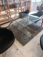 Vintage design tafel met glazen blad en metalen onderstel, Gebruikt, 100 tot 150 cm, Vintage, Glas