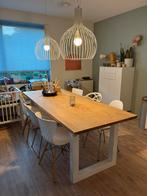 Eettafel 220 bij 90 cm met 6 witte stoelen en 2 witte lampen, Ophalen, Gebruikt, 200 cm of meer, Vijf personen of meer
