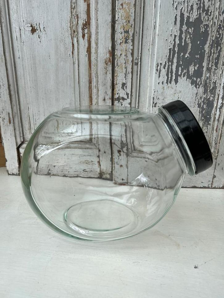 Oude glazen voorraadpot, snoeppot zwarte deksel bakeliet, Antiek en Kunst, Antiek | Glas en Kristal, Ophalen of Verzenden