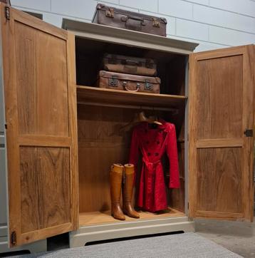 Brocante/Landelijke set houten kledingkasten, zandkleur - afbeelding 4