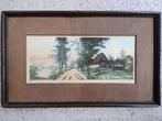 Gekleurde ets gesigneerd in orig. lijst 26x43cm landschap d7, Antiek en Kunst, Kunst | Schilderijen | Klassiek, Ophalen of Verzenden