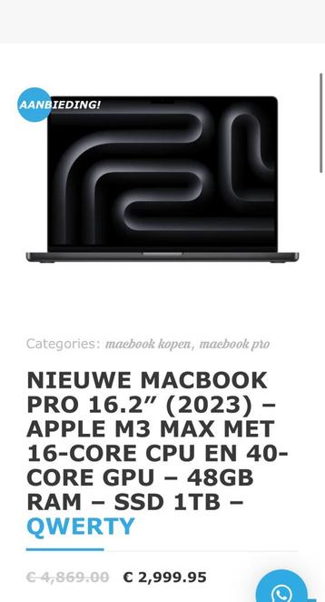 MacBook Pro m3 Max 2023 16” 40 core 48gb 1tb beide kleuren beschikbaar voor biedingen