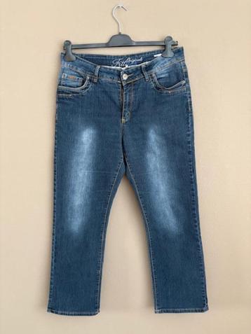 Blauw/Grijze dames spijkerbroek met oranje stiksel. beschikbaar voor biedingen