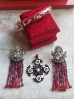 Vintage Sieraden Set: Cloisonné, Strass, Rood, Sieraden, Tassen en Uiterlijk, Armbanden, Overige materialen, Gebruikt, Ophalen of Verzenden