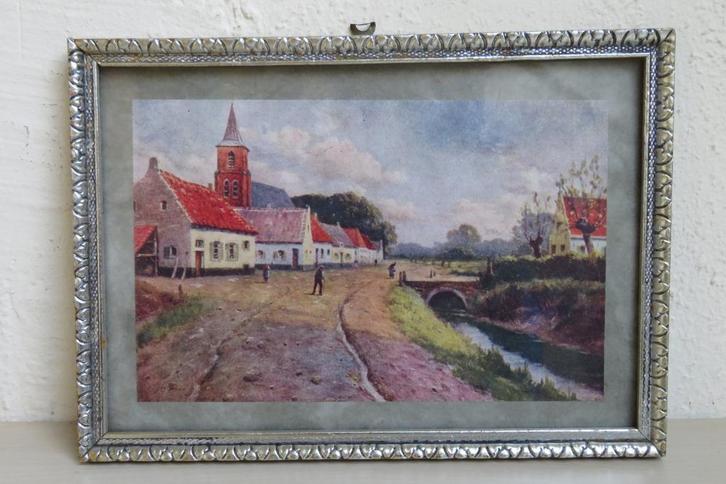 Vintage dorpsgezicht, in lijst met glas. Jaren '60, Antiek en Kunst, Kunst | Litho's en Zeefdrukken, Ophalen of Verzenden